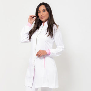 JALECO FEMININO GOLA PADRE SLIM ZÍPER BRANCO COM ROSA